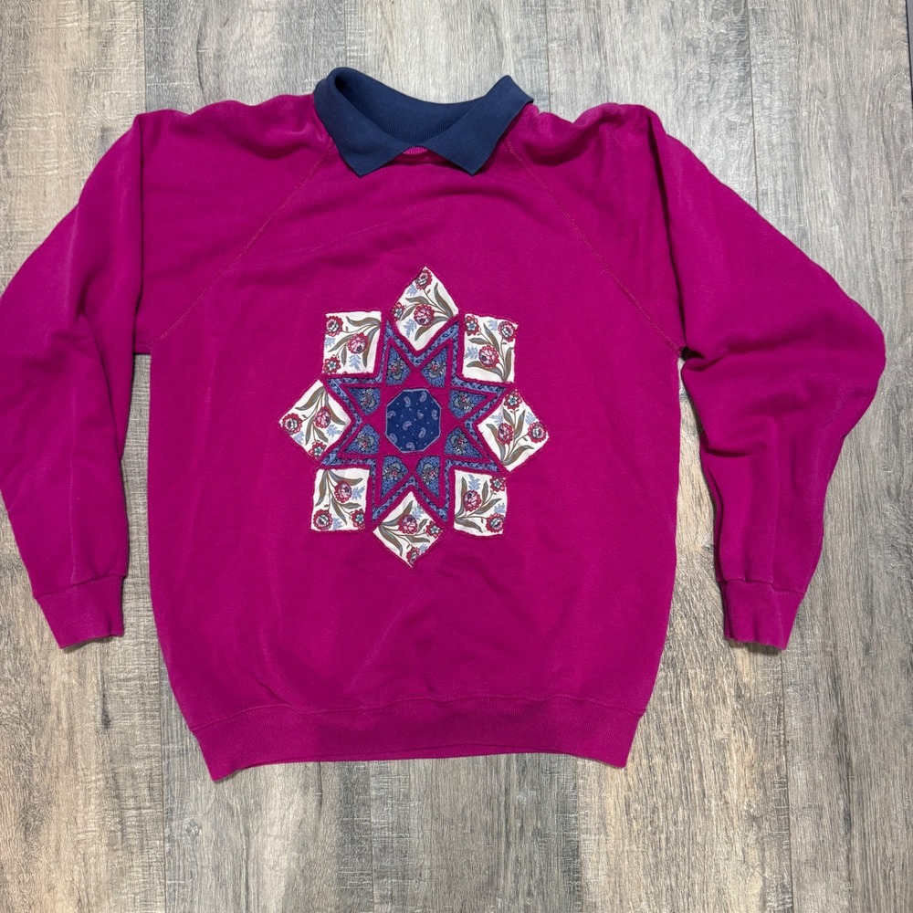 Vintage Magenta Pink Floral Granny Quilt Hanes Crewneck Sweatshirt Women's Large